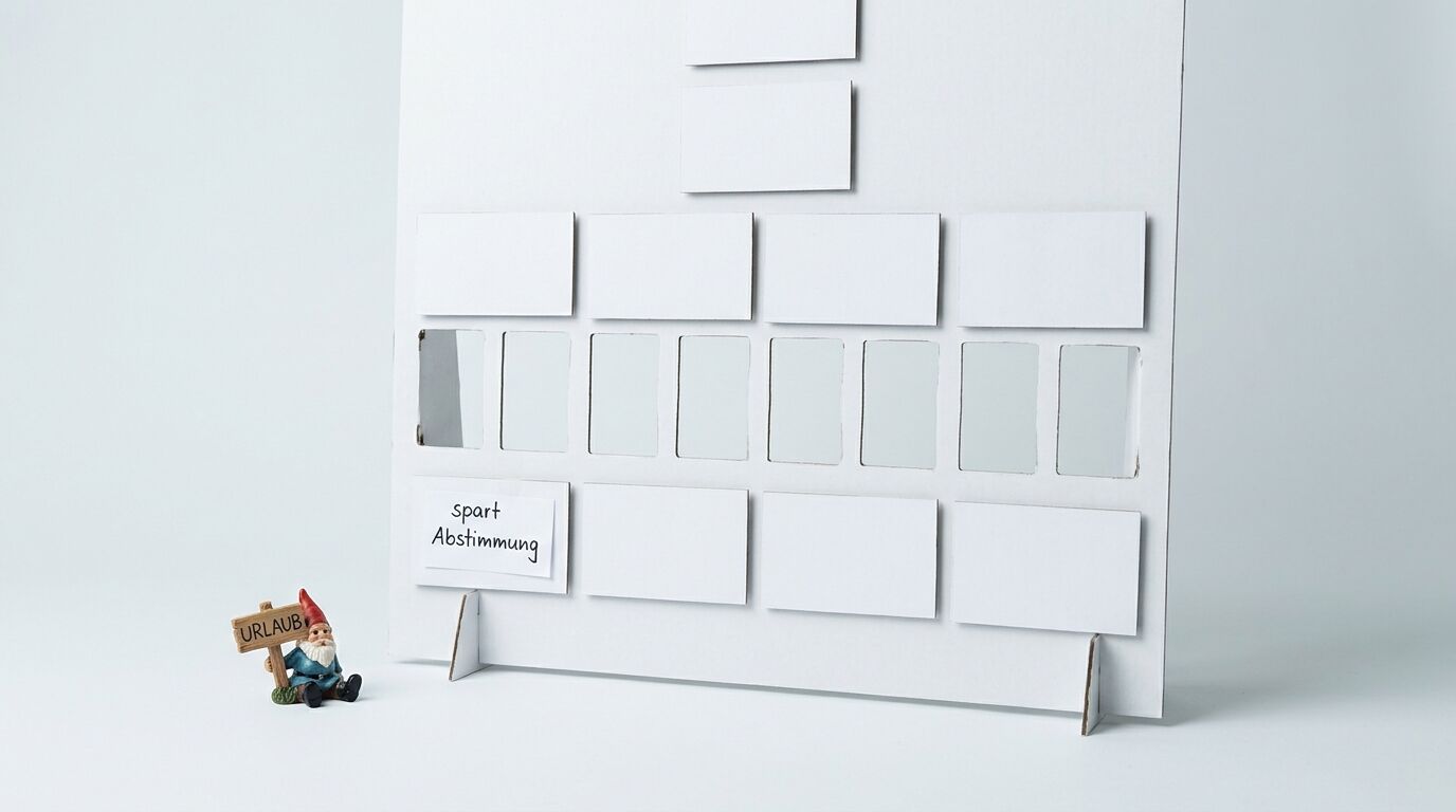 Gartenzwerg mit „Urlaub“-Schild vor einem Strukturdiagramm aus Pappe