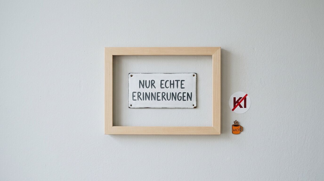 Gerahmtes Emaille-Schild mit Text, daneben durchgestrichenes KI-Symbol und Kaffeetassen-Pin