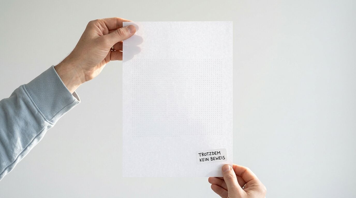 Hände halten weißes Papier mit dem Aufdruck „TROTZDEM KEIN BEWEIS“