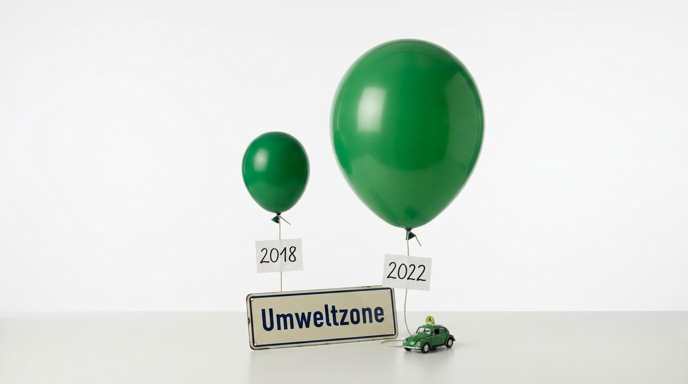 Zwei grüne Luftballons mit Jahreszahlen 2018 und 2022, ein Schild Umweltzone und Modellauto