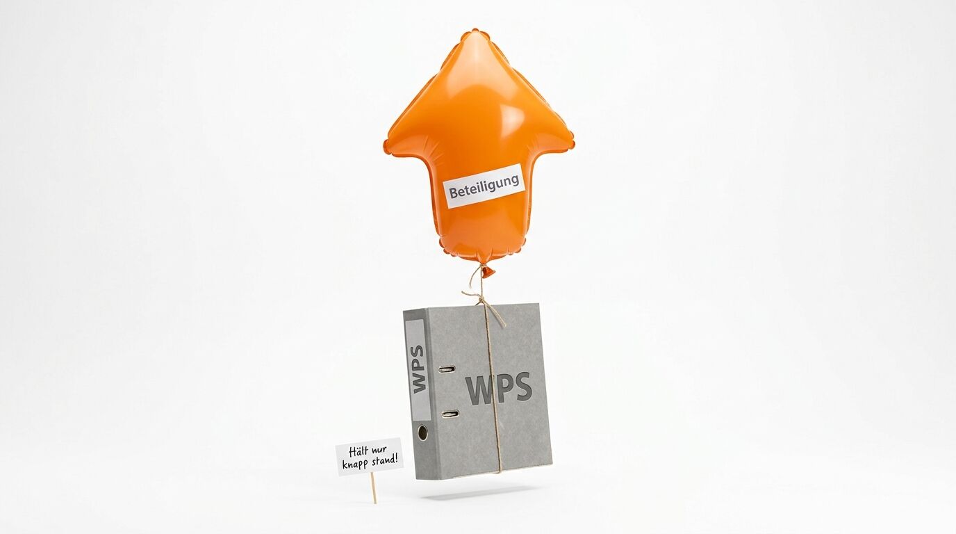 Ein oranger Ballonpfeil trägt einen Ordner, ein Schild daneben warnt
