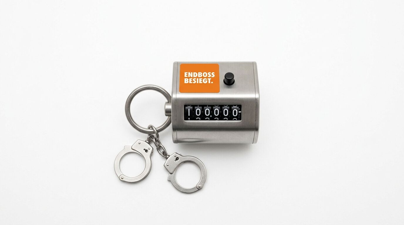 Handzähler-Schlüsselanhänger mit Mini-Handschellen, Text „ENDBOSS BESIEGT.“ und Stand 100000