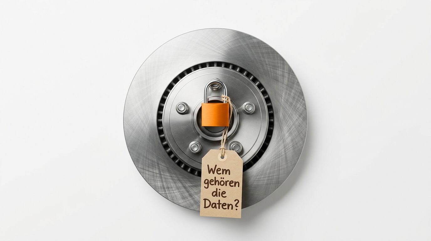 Eine Bremsscheibe mit Vorhängeschloss und einem Schild mit der Aufschrift „Wem gehören die Daten?“
