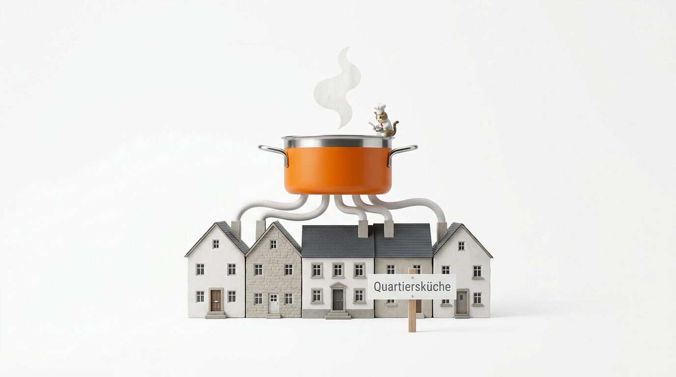 Hausreihe, Rohrverbindung zu dampfendem Topf mit Katzen-Koch, Schild „Quartiersküche“