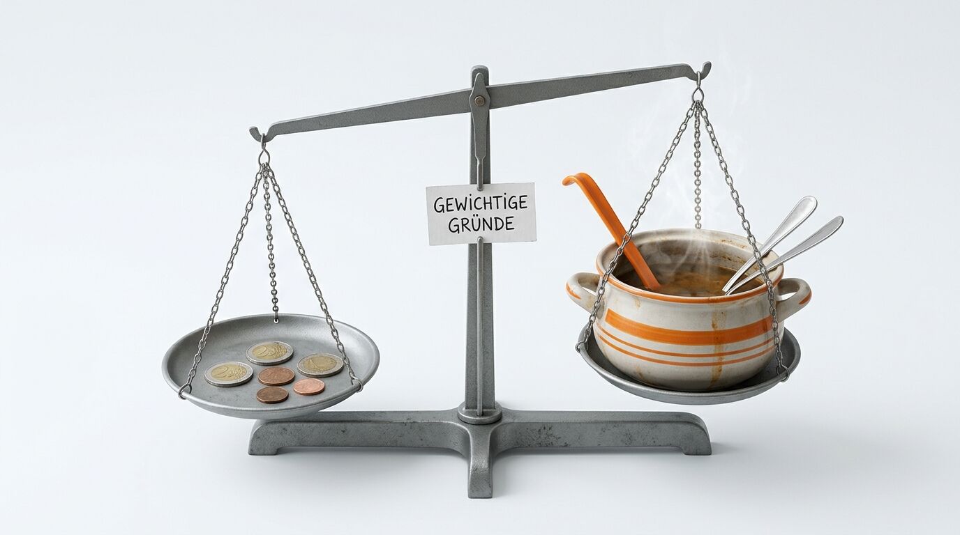Balkenwaage mit Geldmünzen links und einer Schüssel heißer Suppe rechts, die schwerer wiegt