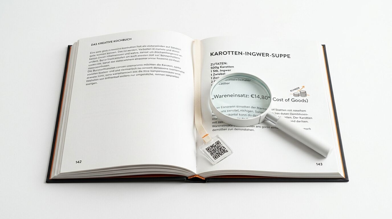 Aufgeschlagenes Kochbuch mit Lupe auf rechtem Text über Karotten-Ingwer-Suppe