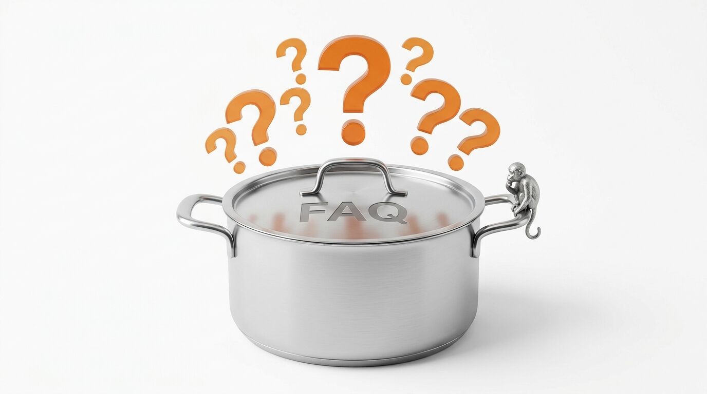 Topf mit FAQ-Schriftzug, sitzendem Affen und orangefarbenen Fragezeichen auf weißem Grund