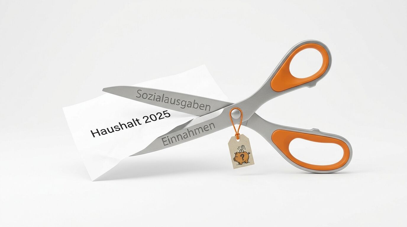Schere zerschneidet „Haushalt 2025“-Papier; Klingen beschriftet; Sparschwein-Anhänger