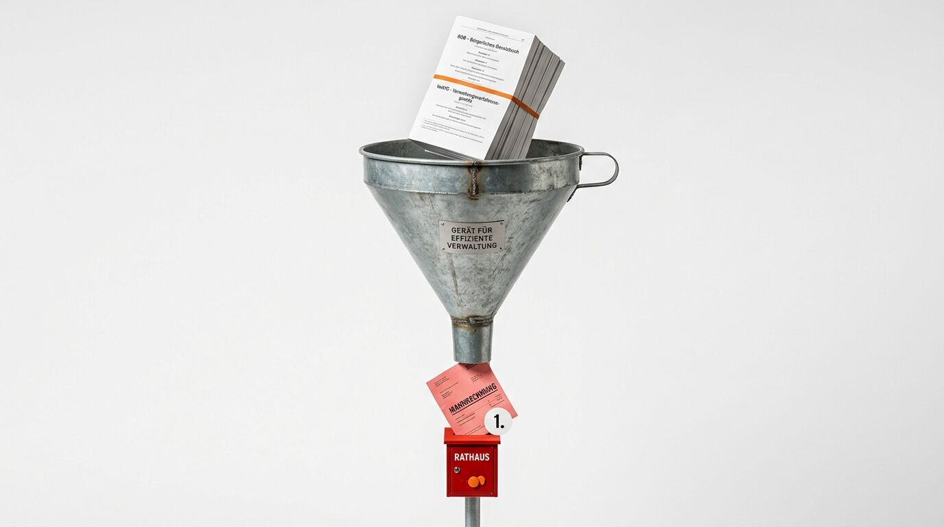 Gesetzestext in Trichter mit Schild, darunter rote Box mit rosa Blatt und Ziffer 1