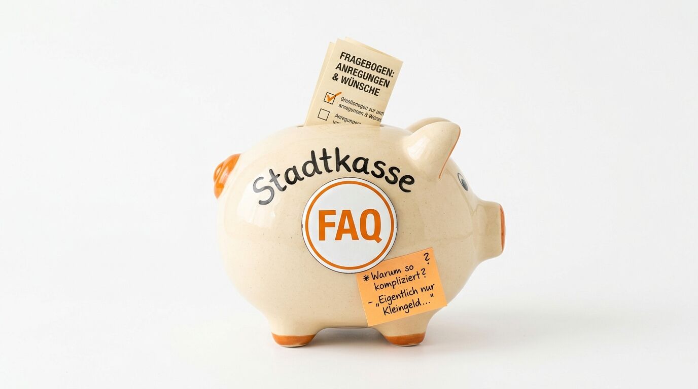 Sparschwein mit Aufschrift „Stadtkasse FAQ“ und Zetteln vor weißem Hintergrund