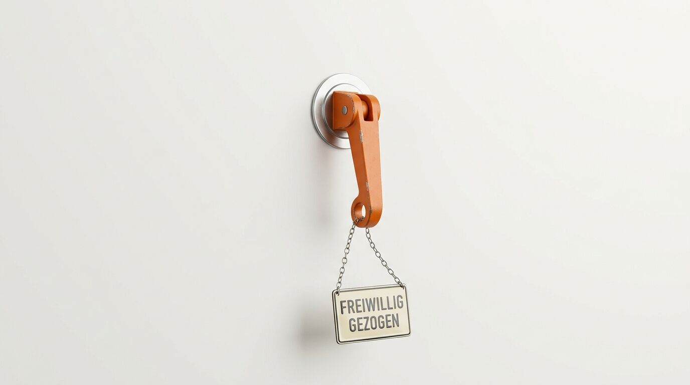 Wandhebel mit Schild „FREIWILLIG GEZOGEN“ an Kette vor weißem Hintergrund