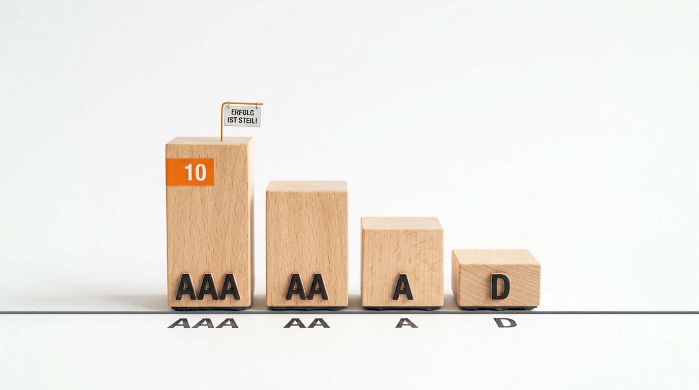 Vier absteigende Holzblöcke mit Ratings AAA, AA, A, D und Schild auf weißem Grund