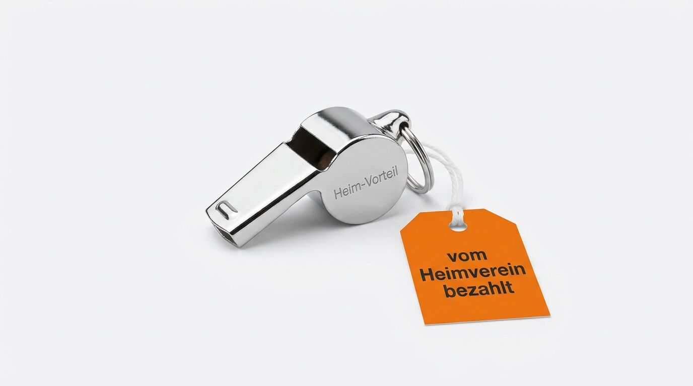 Metallpfeife mit Gravur „Heim-Vorteil“ und orangefarbenem Anhänger auf weißem Grund