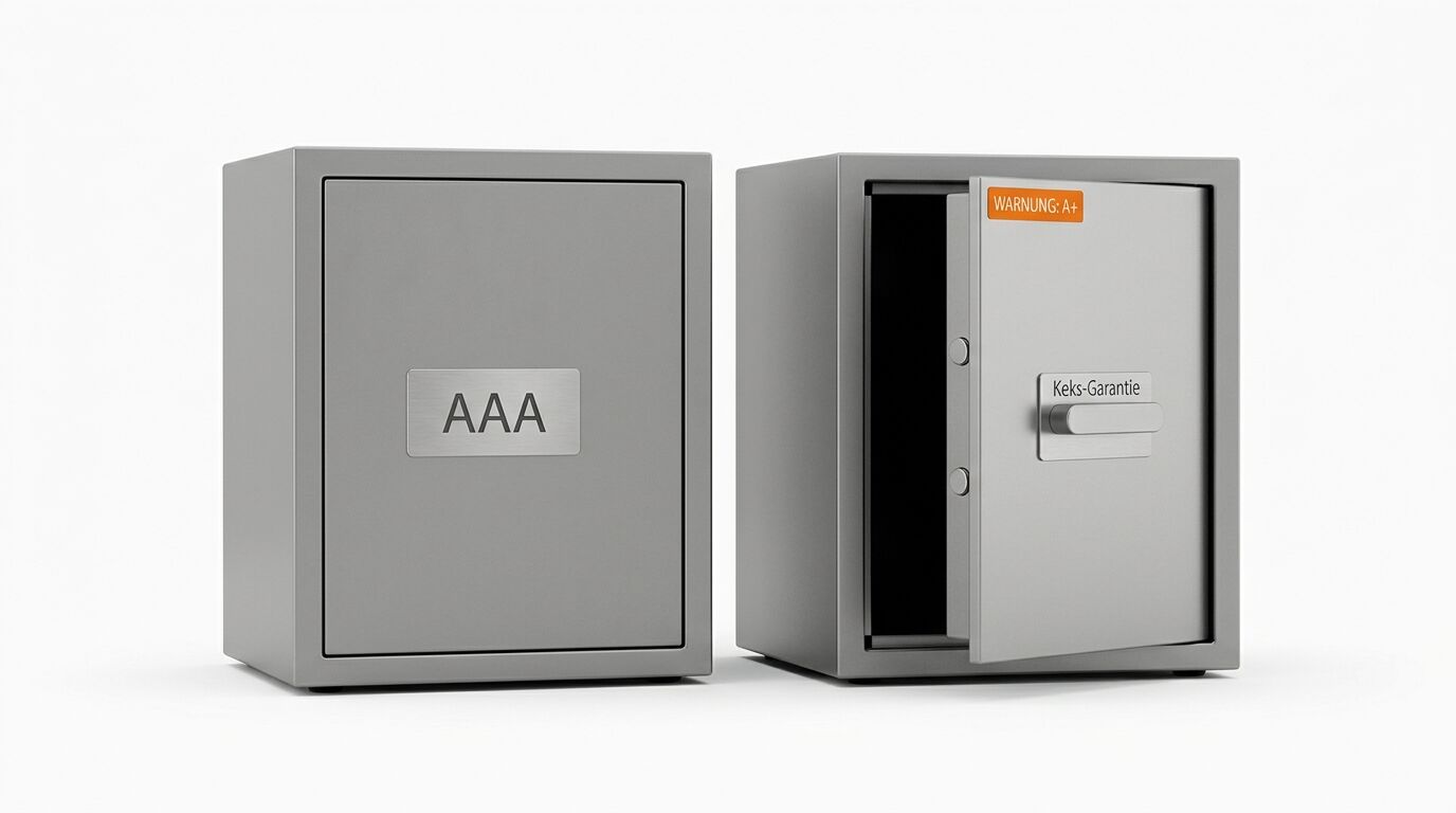 Zwei graue Safes, einer geschlossen mit AAA, einer offen mit Warnhinweis und Keks-Garantie