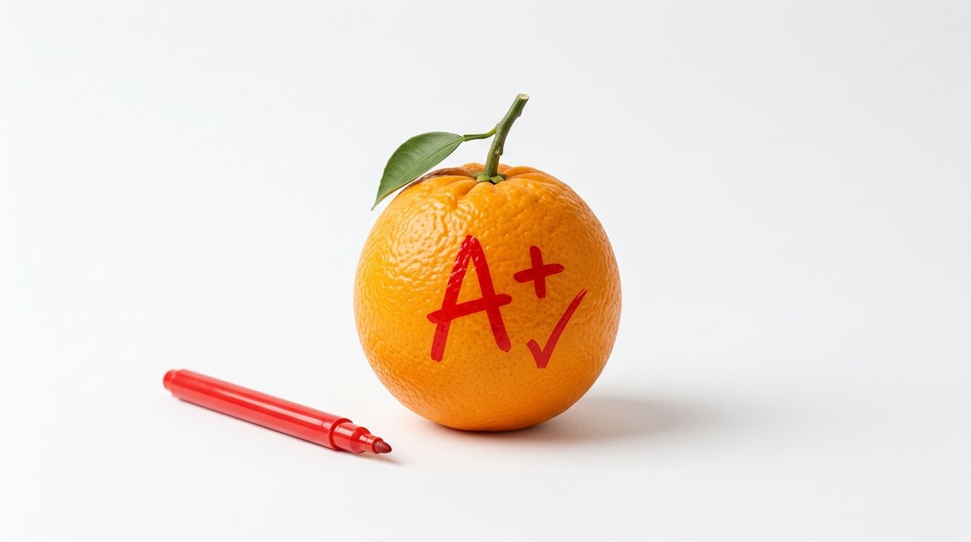 Orange mit Blatt und rotem „A+“ sowie rotem Haken neben rotem Filzstift vor weißem Hintergrund