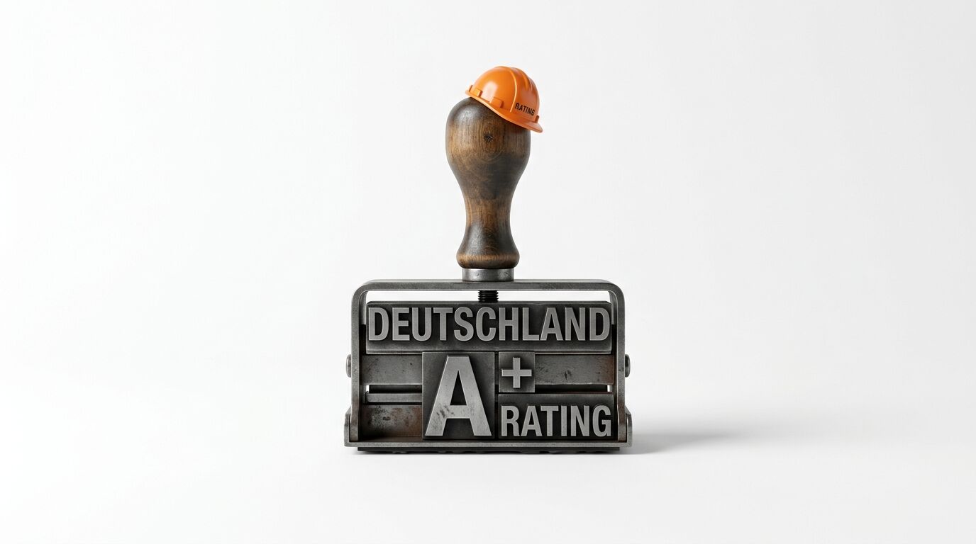 Großer Metallstempel mit Holzgriff, darauf ein kleiner oranger Bauhelm. Stempeltext: DEUTSCHLAND A+ RATING