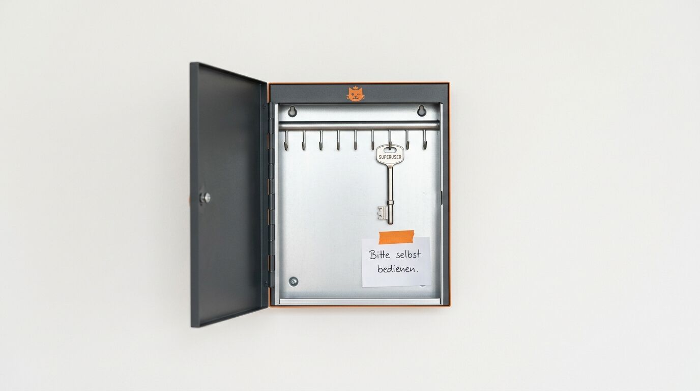 Geöffneter Metall-Schlüsselschrank mit einem Schlüssel und Notiz „Bitte selbst bedienen“ an der Wand