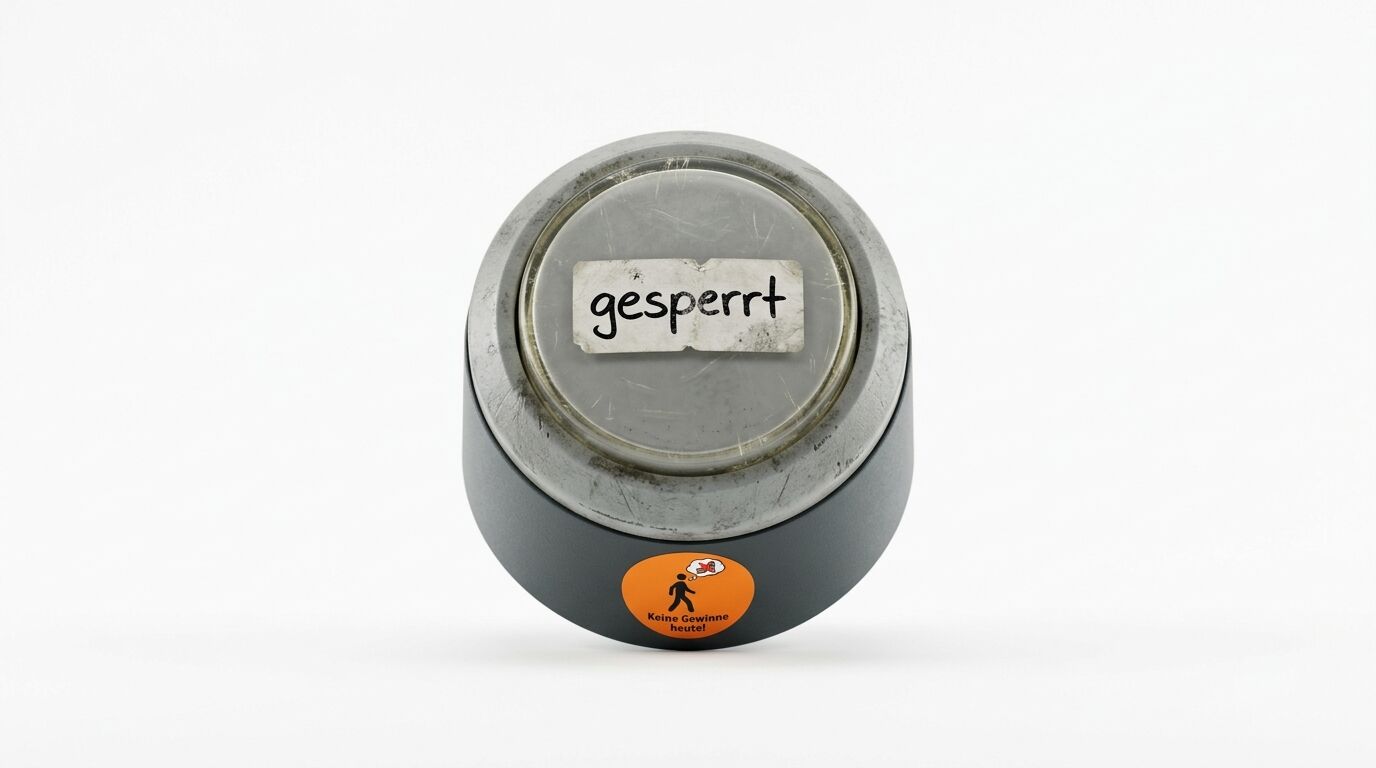 Ein runder Drucktaster mit der Aufschrift „gesperrt“ und einem Aufkleber auf dem Sockel