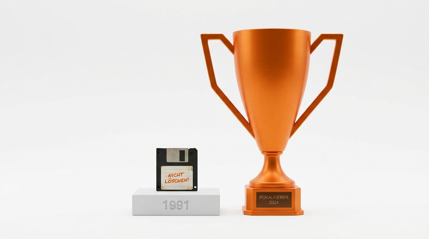Floppy-Diskette von 1991 neben einer kupferfarbenen Trophäe von 2024