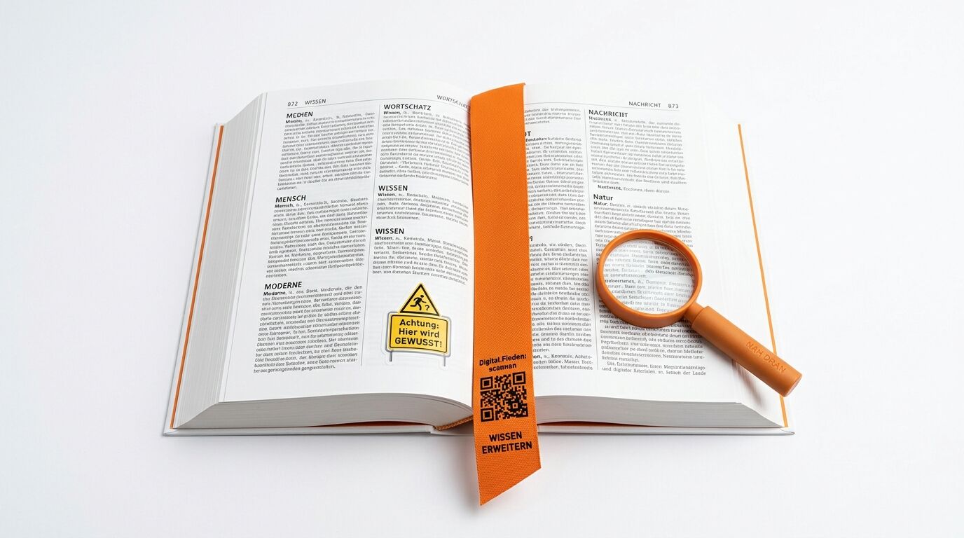 Offenes Buch, oranges Lesezeichen mit QR-Code, Lupe und Warnschild