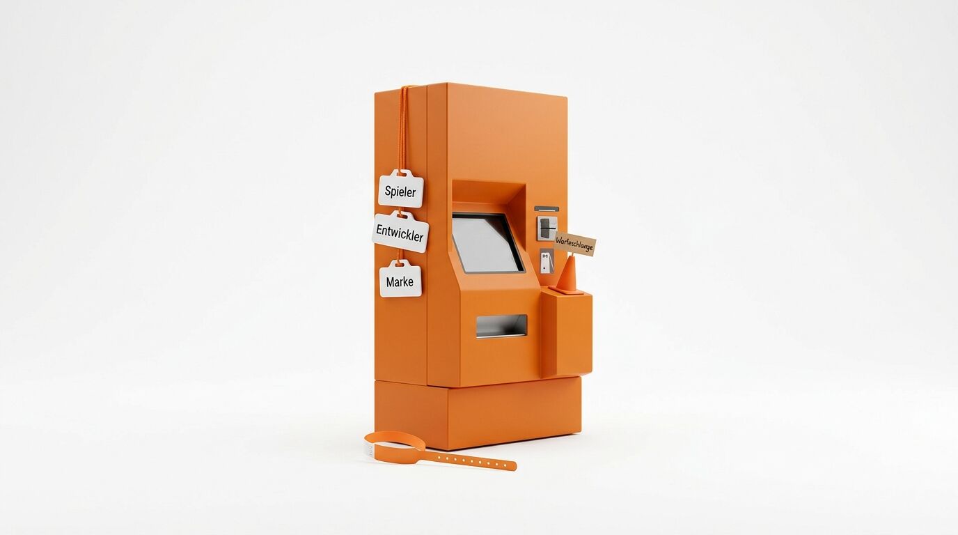 Oranger Kiosk-Automat mit Schildern wie „Spieler“, „Entwickler“, „Marke“ und „Warteschlange“