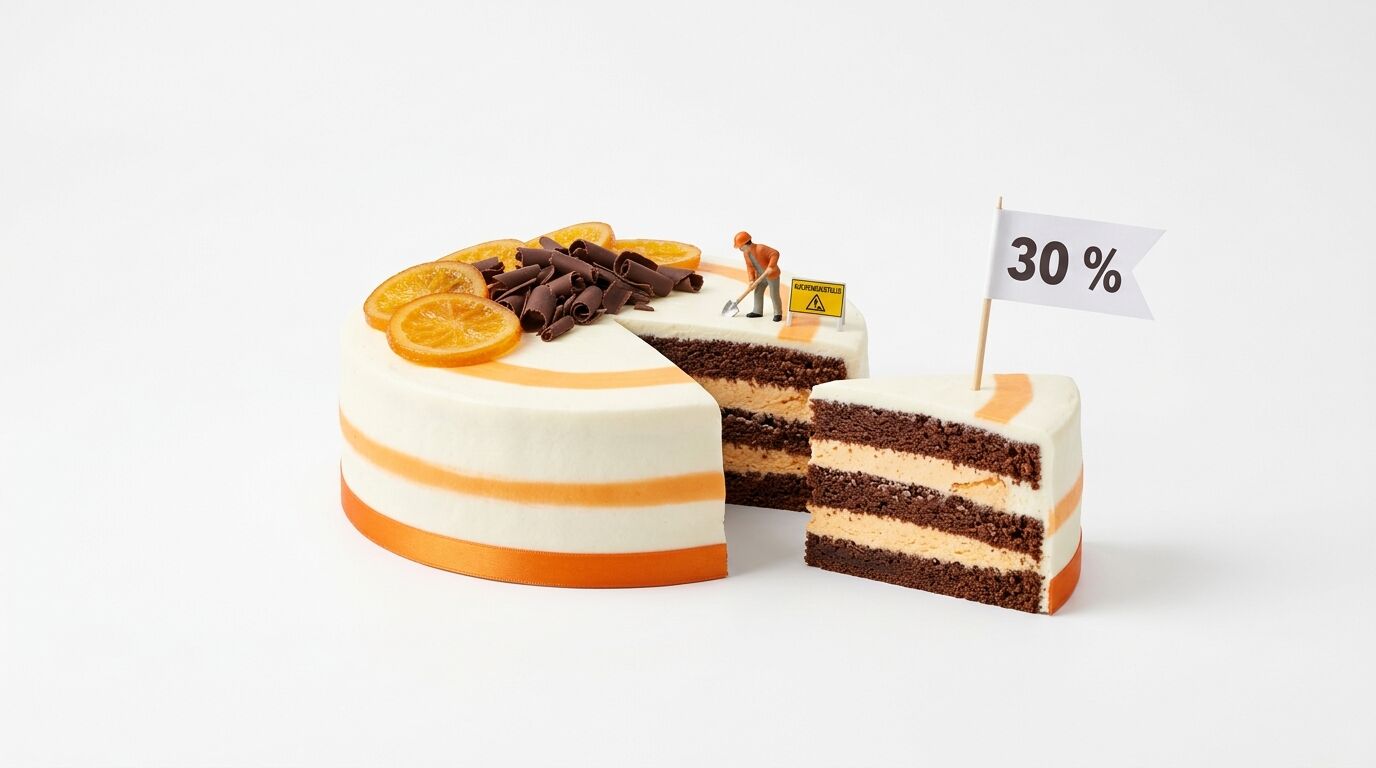 Kuchen mit Miniatur-Bauarbeiter und 30%-Fähnchen auf weißem Grund