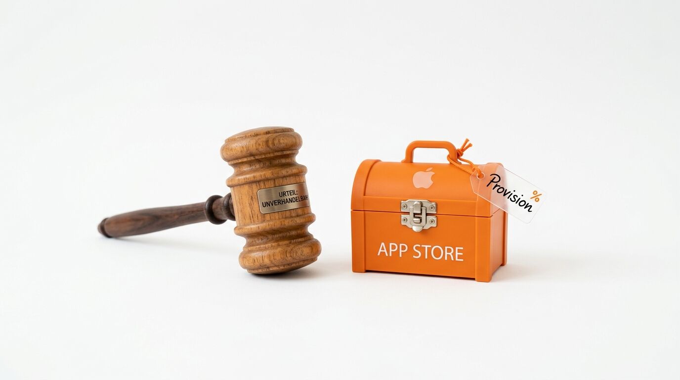 Richterhammer und orangefarbene Schatzkiste mit Apple-Logo und Beschriftungen