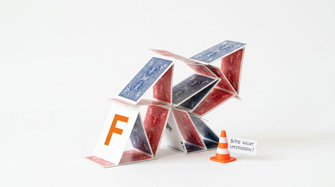 Instabiles Kartenhaus mit einem orangeroten „F“, Warnkegel und „Bitte nicht umstoßen !“-Schild