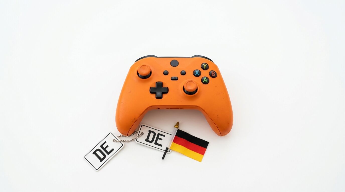 Ein oranger Controller, zwei Schilder mit 