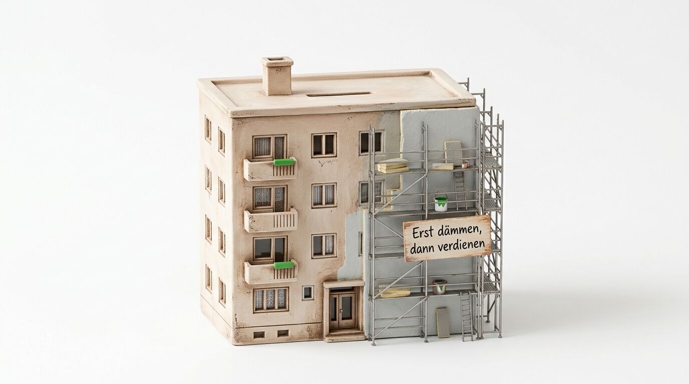 Haus-Spardose mit Gerüst und Plakat „Erst dämmen, dann verdienen“