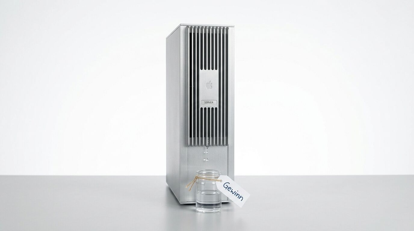 Wassertropfen fallen aus einem Computerkasten in ein Glas mit einem 