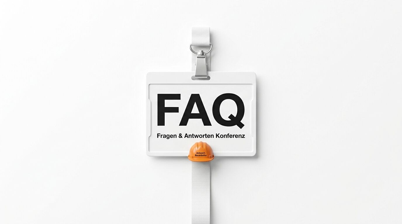 Ausweis mit Aufschrift „FAQ - Fragen & Antworten Konferenz“, Halter in Helmform, weißer Hintergrund