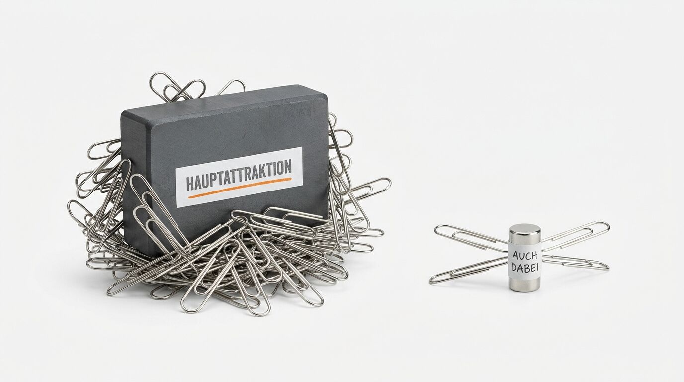 Großer Magnet mit vielen Büroklammern, kleiner Magnet daneben. Text: HAUPTATTRAKTION, AUCH DABEI