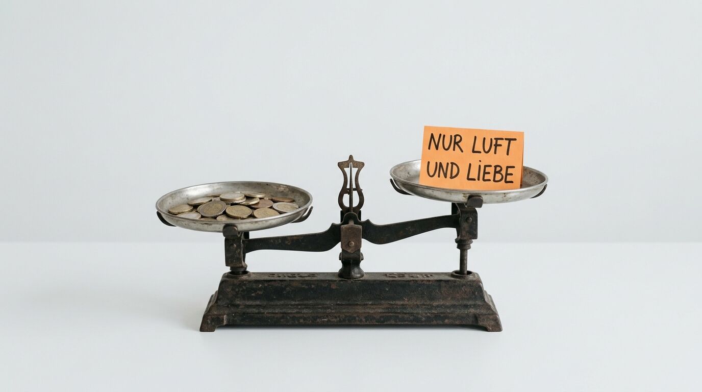 Waage mit Münzen links und der Aufschrift „NUR LUFT UND LIEBE“ rechts auf hellem Grund