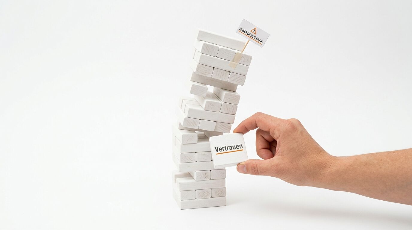 Hand zieht Jenga-Stein mit Aufschrift „Vertrauen“ aus schiefem Turm; oben Flagge „EINSTURZGEFAHR“