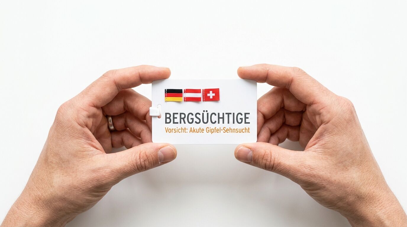 Hände halten Karte mit „Bergsüchtige“, deutschen, österreichischen und Schweizer Flaggen