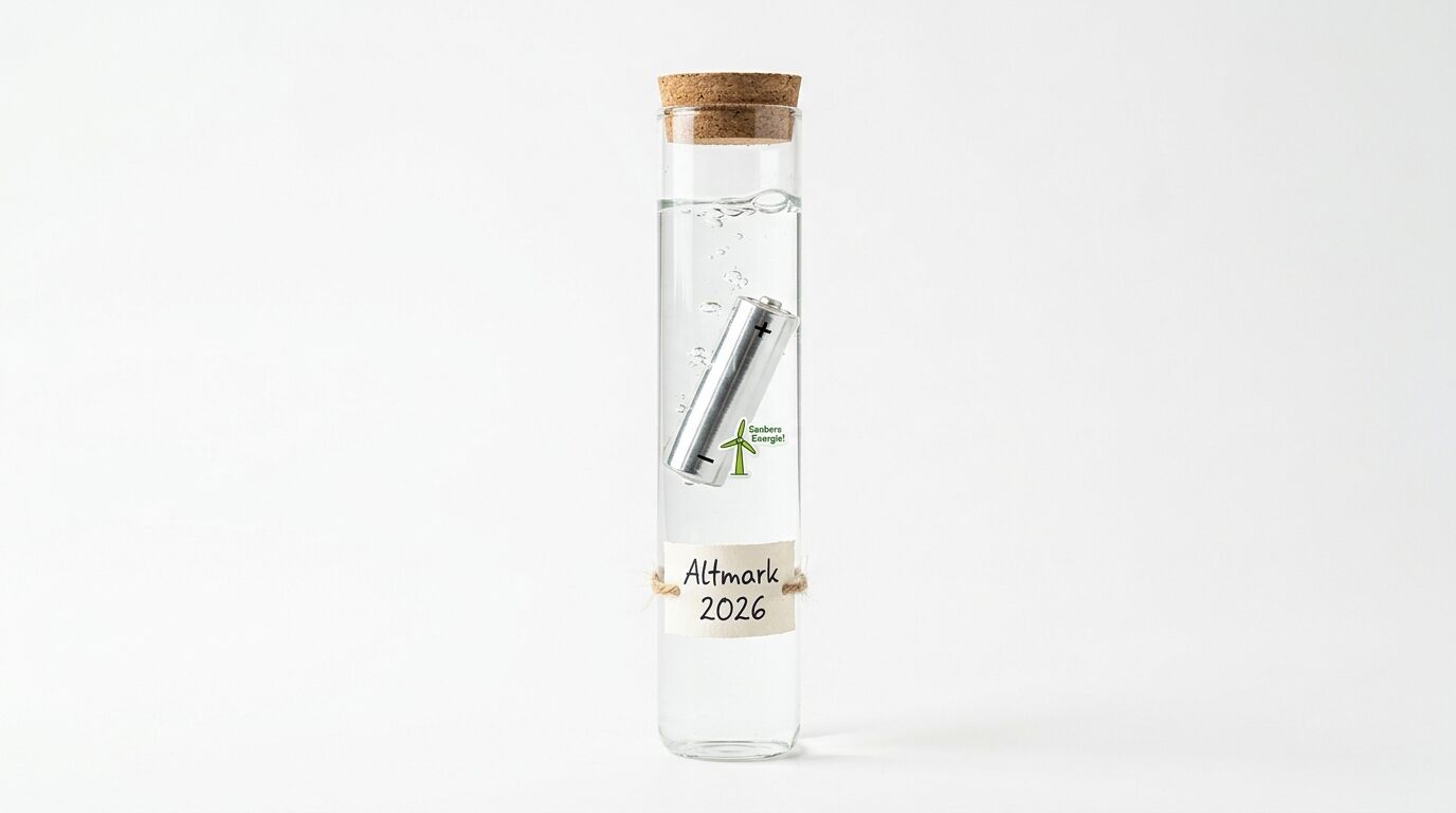 Reagenzglas mit Wasser, darin eine Batterie mit Windrad-Logo. Etikett: Altmark 2026