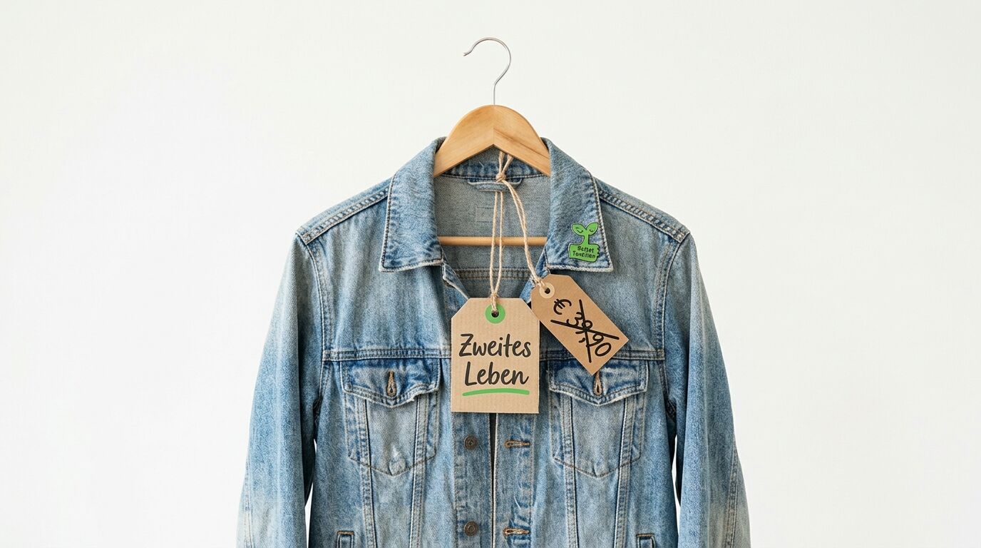 Jeansjacke auf Kleiderbügel mit Preisschildern „Zweites Leben“ und durchgestrichenem Preis