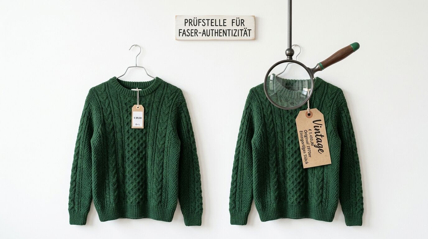 Zwei grüne Strickpullover an Kleiderbügeln, einer vergrößert unter einer Lupe