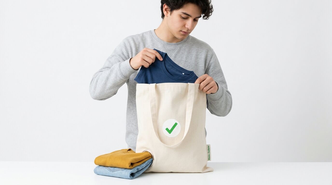 Mann im grauen Pulli packt blaues Shirt in Jutetasche mit grünem Häkchen vor weißem Hintergrund