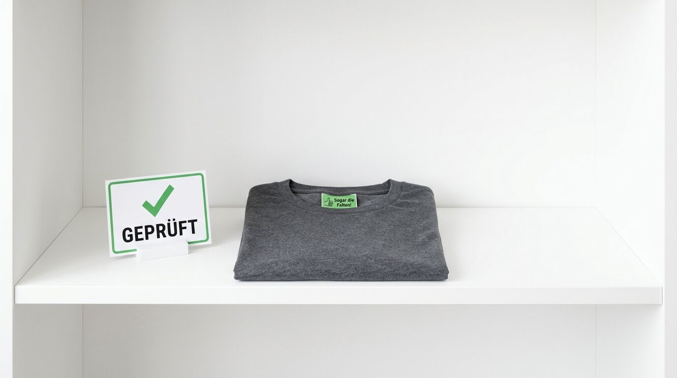 Gefaltetes T-Shirt mit Etikett und Schild „GEPRÜFT“ in einem weißen Regal