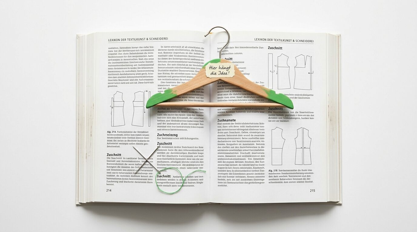 Draufsicht auf ein Fachbuch über Mode mit einem Kleiderbügel, auf dem ein Notizzettel klebt