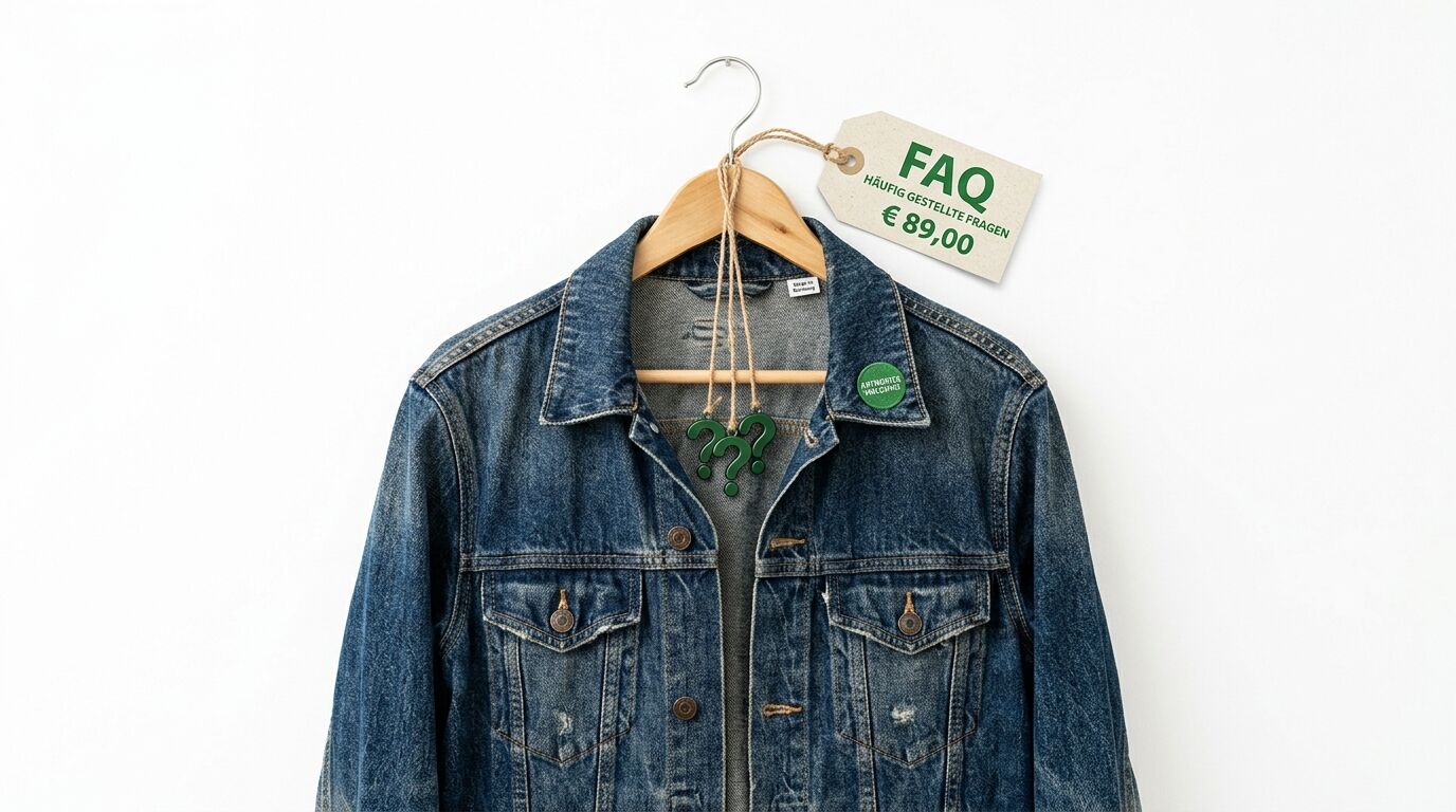 Jeansjacke auf Kleiderbügel mit Preisschild und Fragezeichen vor weißem Hintergrund
