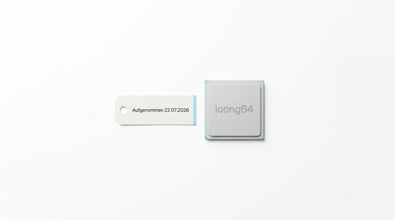 Ein silberner loong64-Mikrochip und ein Etikett mit Datum auf weißem Hintergrund