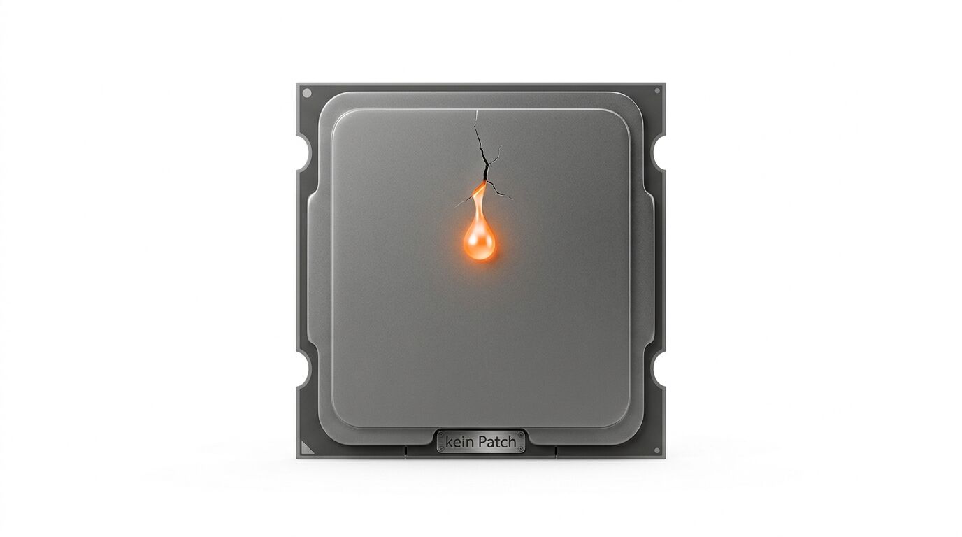 CPU mit Riss, orangefarbenem Tropfen und Plakette „kein Patch“ auf weißem Grund