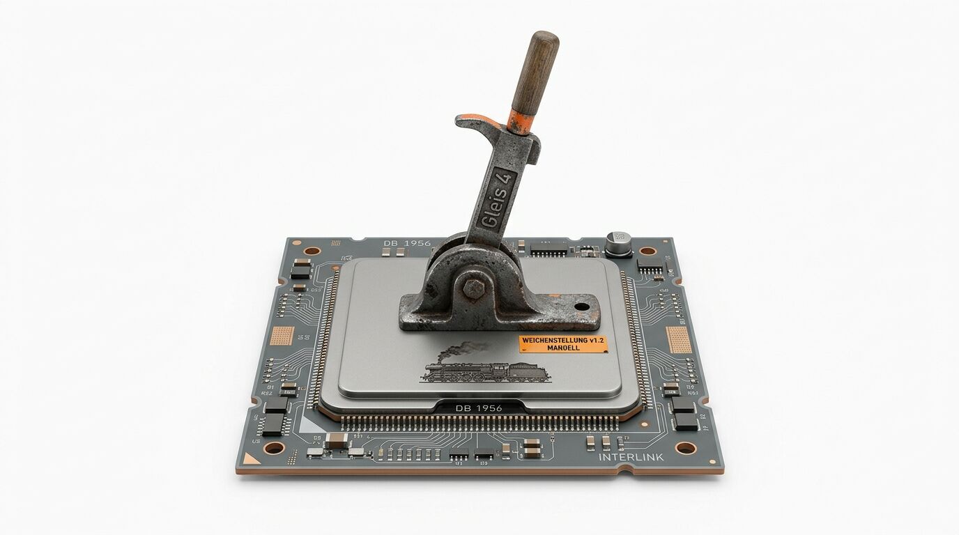 Eine Computerplatine mit einem Mikroprozessor, auf dem ein Stellwerkhebel montiert ist