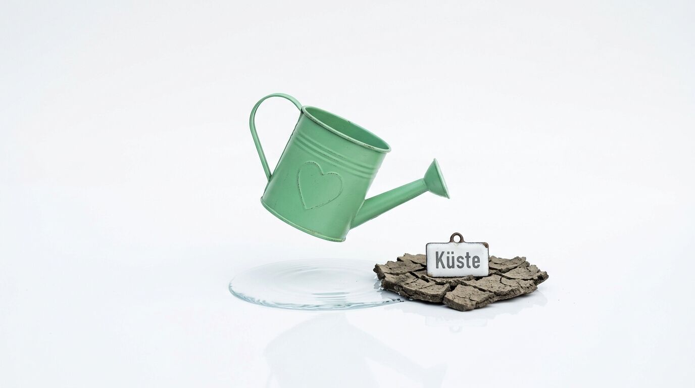 Grüne Gießkanne schwebt über Wasserpfütze und trockener Erde mit Schild „Küste“ auf Weiß