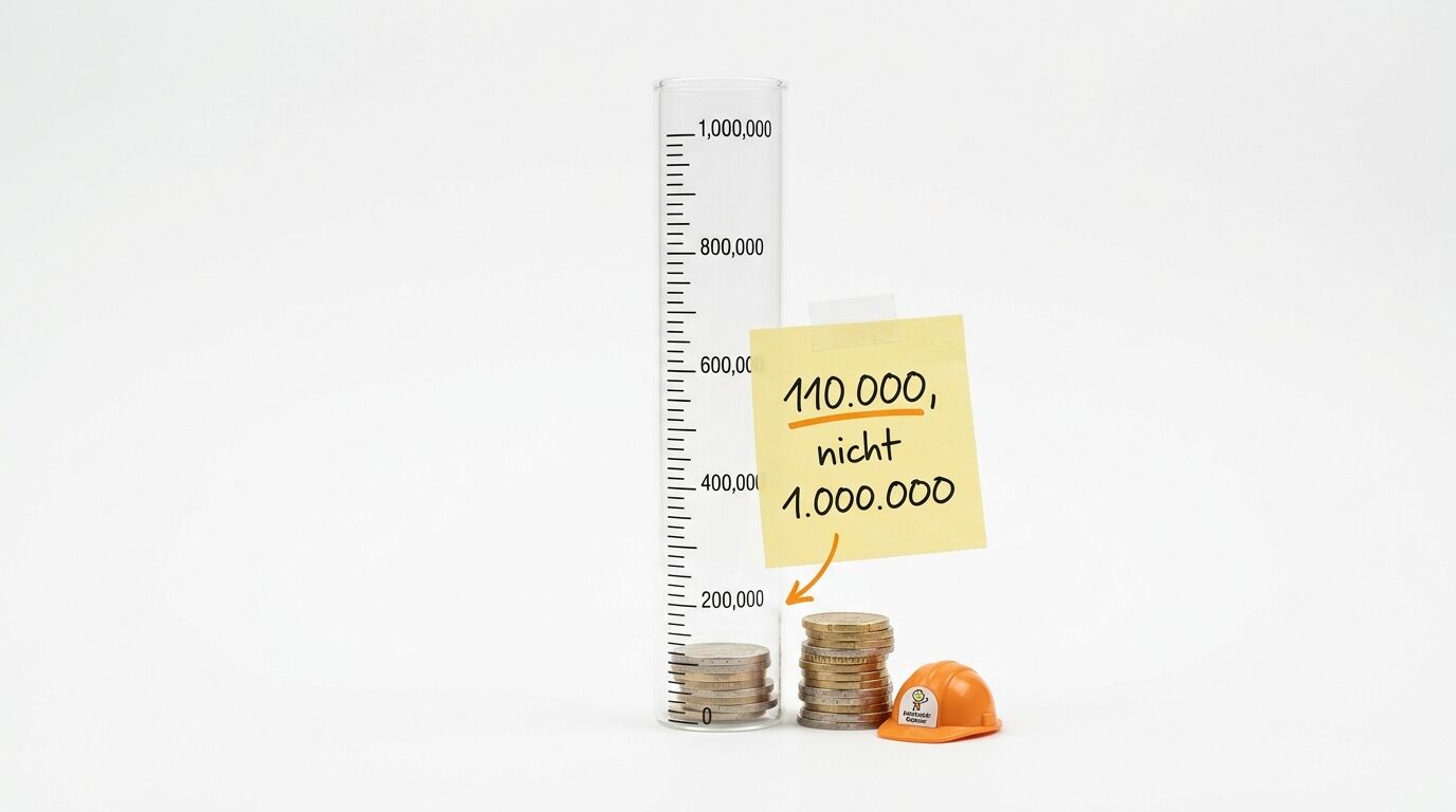 Ein Messglas zeigt eine Milliarde, ein Notizzettel korrigiert dies auf 110.000