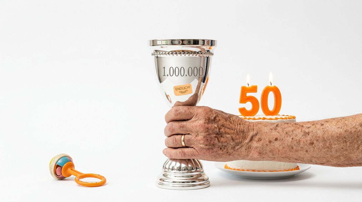 Hand hält Pokal mit Zahl 1.000.000 neben Torte mit Kerzen 50 und Babyrassel auf Weiß