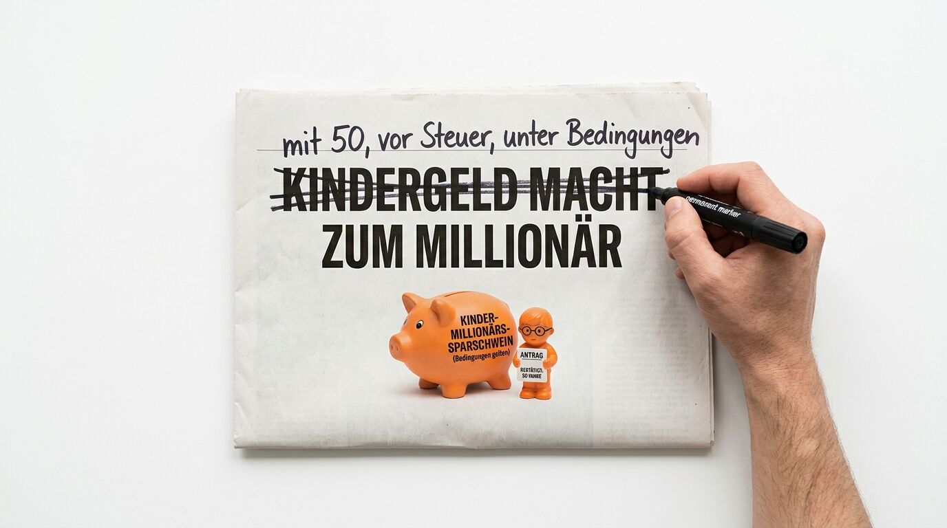 Hand streicht Zeitungszeile durch, darunter Sparschwein und Figur auf weißem Grund